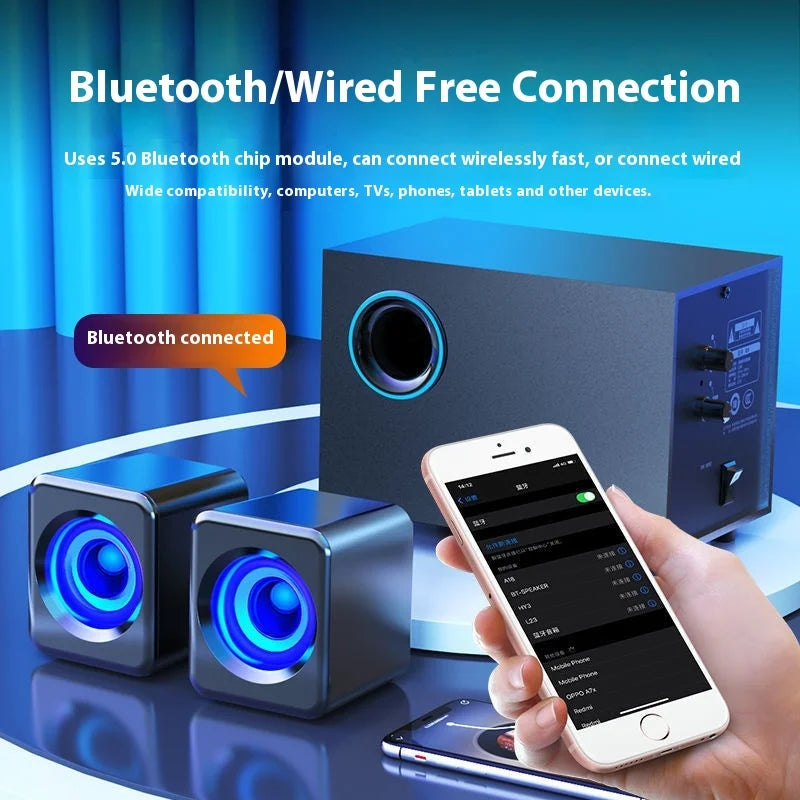 Coluna Bluetooth para Computador em Madeira — Subwoofer 3D Surround, Alto Volume e Gaming