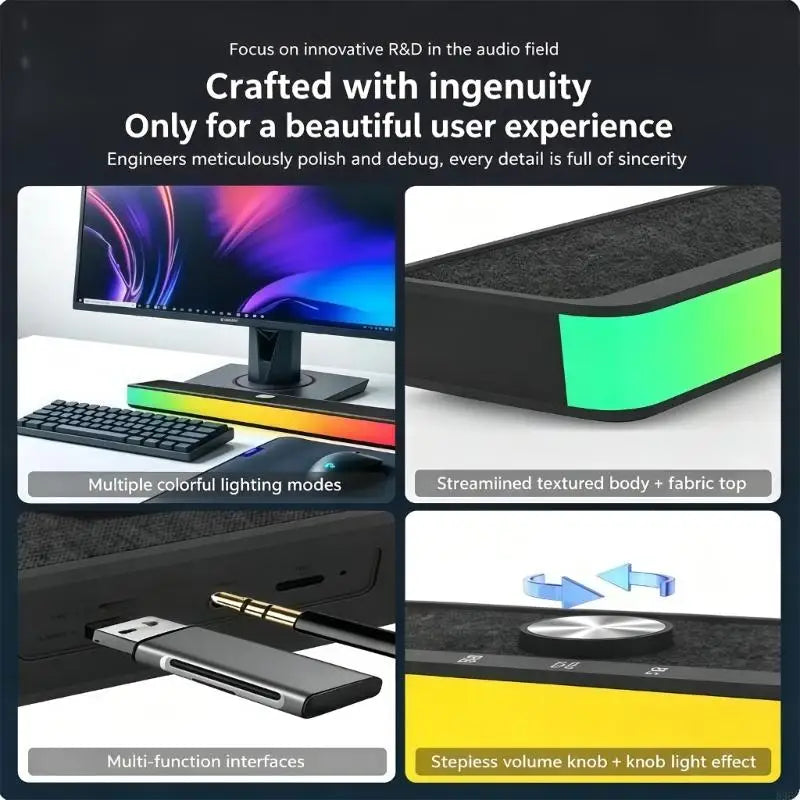 Soundbar de Secretária Sem Fios com Barra de Luz — Bluetooth 5.3, USB, Recarregável e Para TV