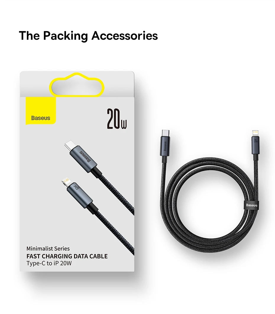 Cabo Baseus USB-C para Lightning iPhone 20W PD — Nylon Trançado 1m/2m/3m