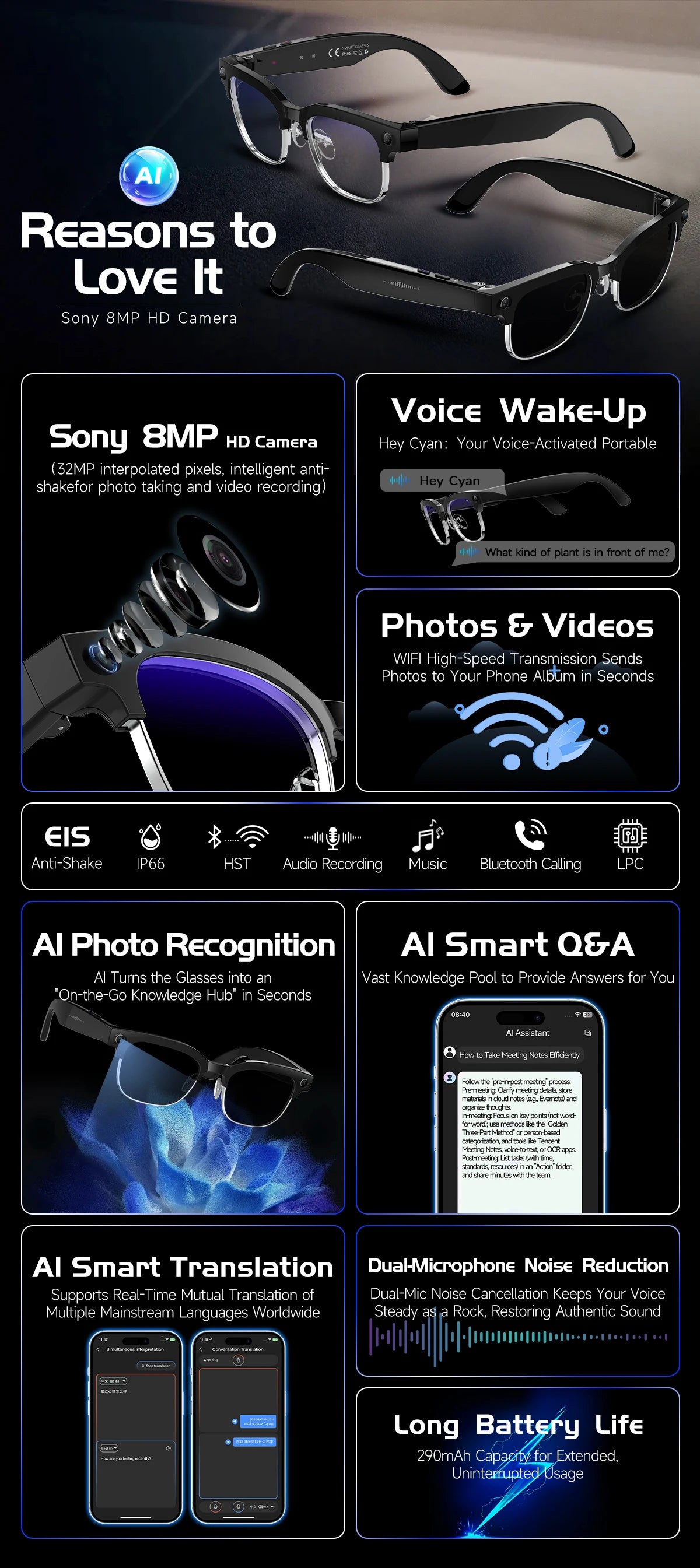 Óculos Inteligentes IA 4K — Câmara 8MP, Gravação de Vídeo, Reconhecimento, Tradução, Bluetooth e Óculos Fotocromáticos À Prova de Água