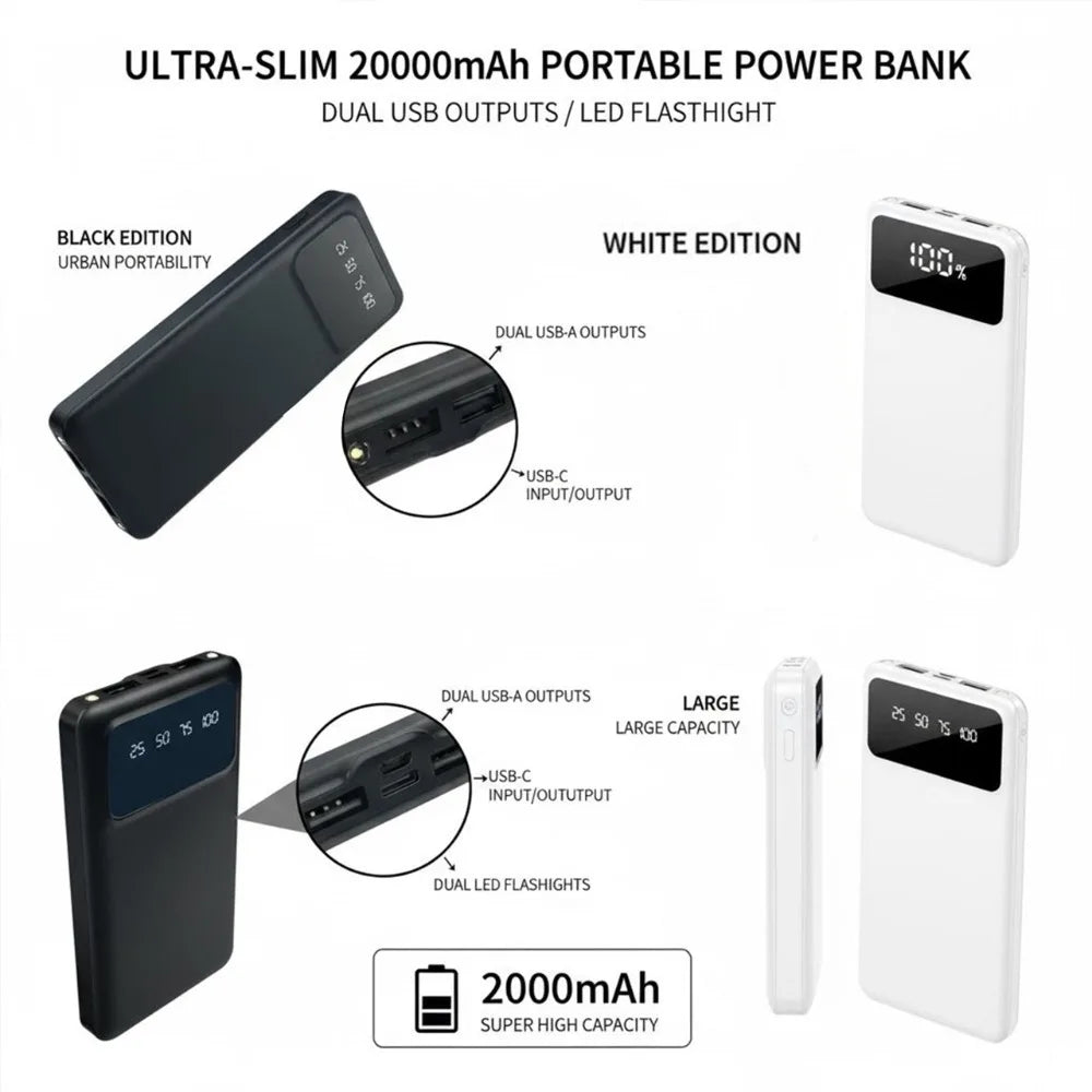 Power Bank 20000mAh com Display LED, Lanterna e Dual USB