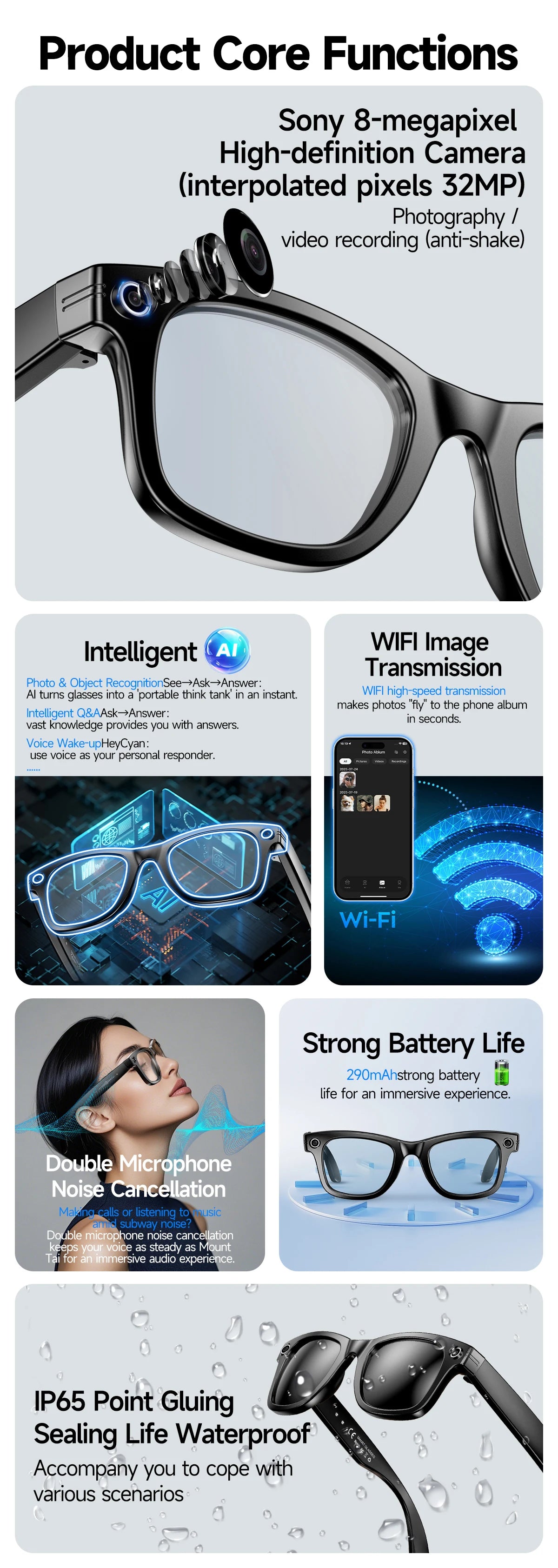Óculos Inteligentes 2025 com Câmara, 32GB, Tradução, Bluetooth e Anti-luz Azul — Homem e Mulher