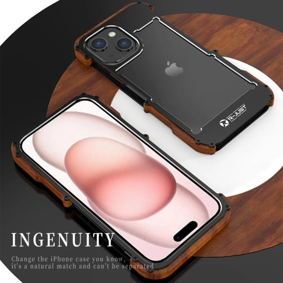 Capa Bumper Metal e Madeira para iPhone 16 15 14 13 12