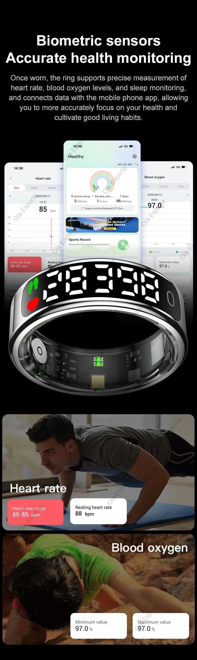 Smart Ring 2025 com Ecrã Touch — Carregamento Sem Fios, Gestor de Saúde e 5ATM para Homem e Mulher