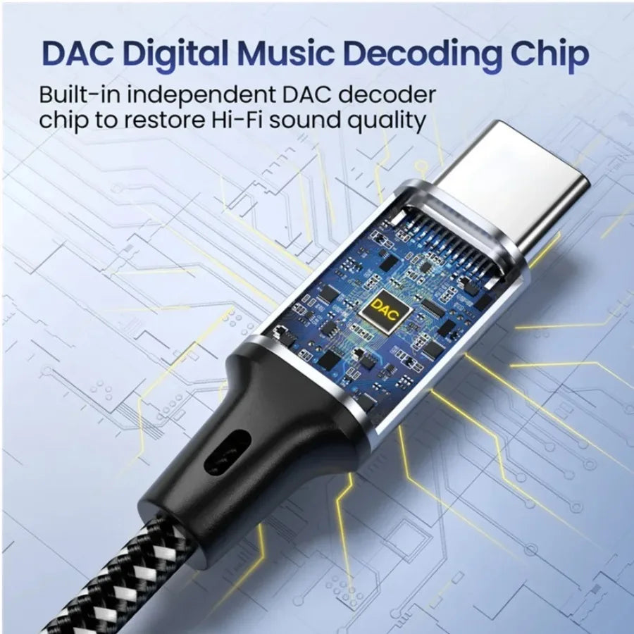 Cabo Adaptador USB-C para Jack 3.5mm DAC — Áudio HiFi Estéreo 1m/1.5m/2m
