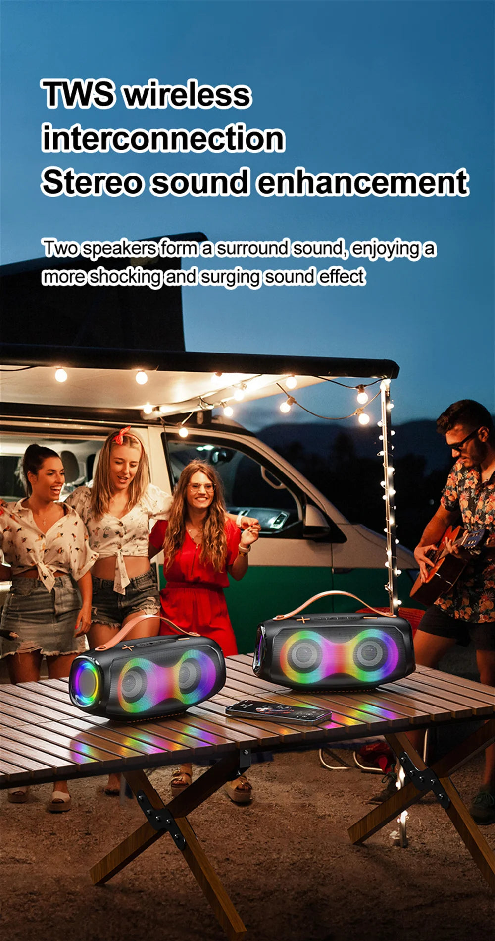 Coluna Bluetooth 20W À Prova de Água — Subwoofer, Iluminação RGB e Bateria 1000mAh