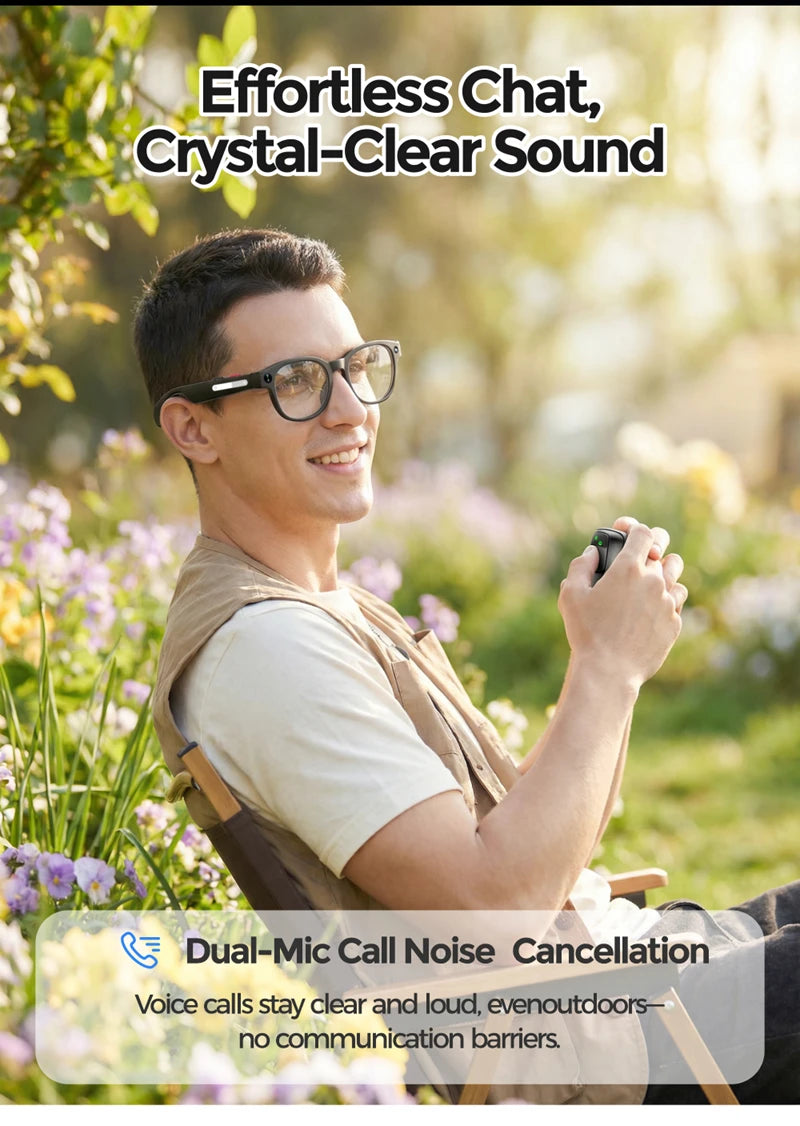 Óculos Inteligentes com Tradução IA — Câmara 8MP HD, Gravação 4K, Bluetooth e Música