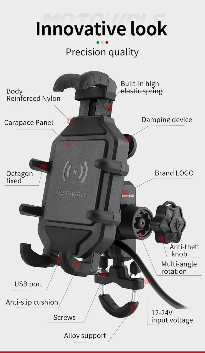 Suporte de Telefónico para Mota com Carregamento Sem Fios QC3.0 e GPS