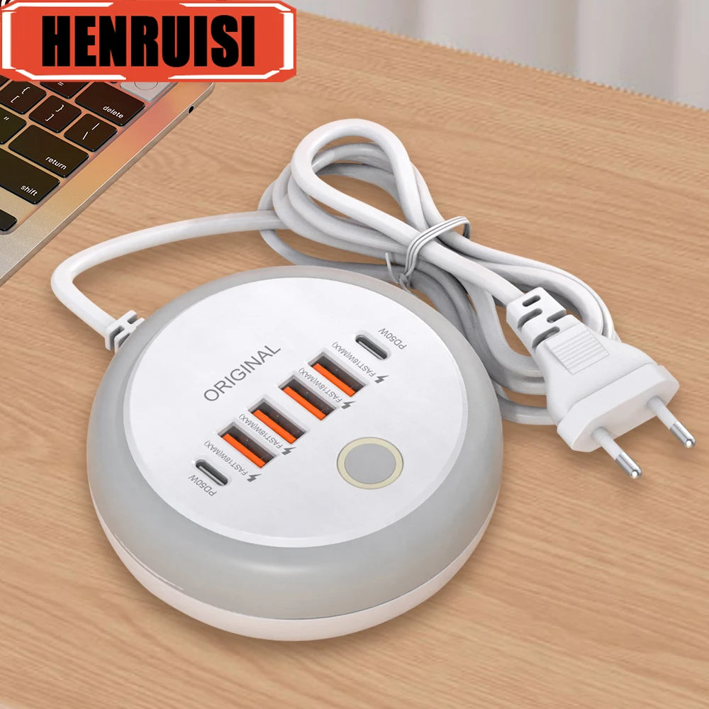 Régua de Tomadas 50W com 4 USB-A + 2 USB-C e Luz Noturna