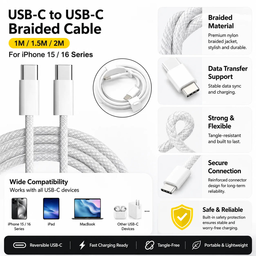 Cabo USB-C para USB-C 100W PD para iPhone 15, 16 e 17 — Nylon Trançado 1m/1.5m/2m