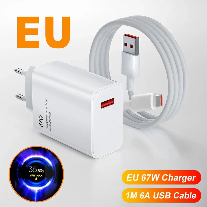 Carregador Rápido 67W Turbo para Xiaomi, Redmi e Poco — Ficha EU