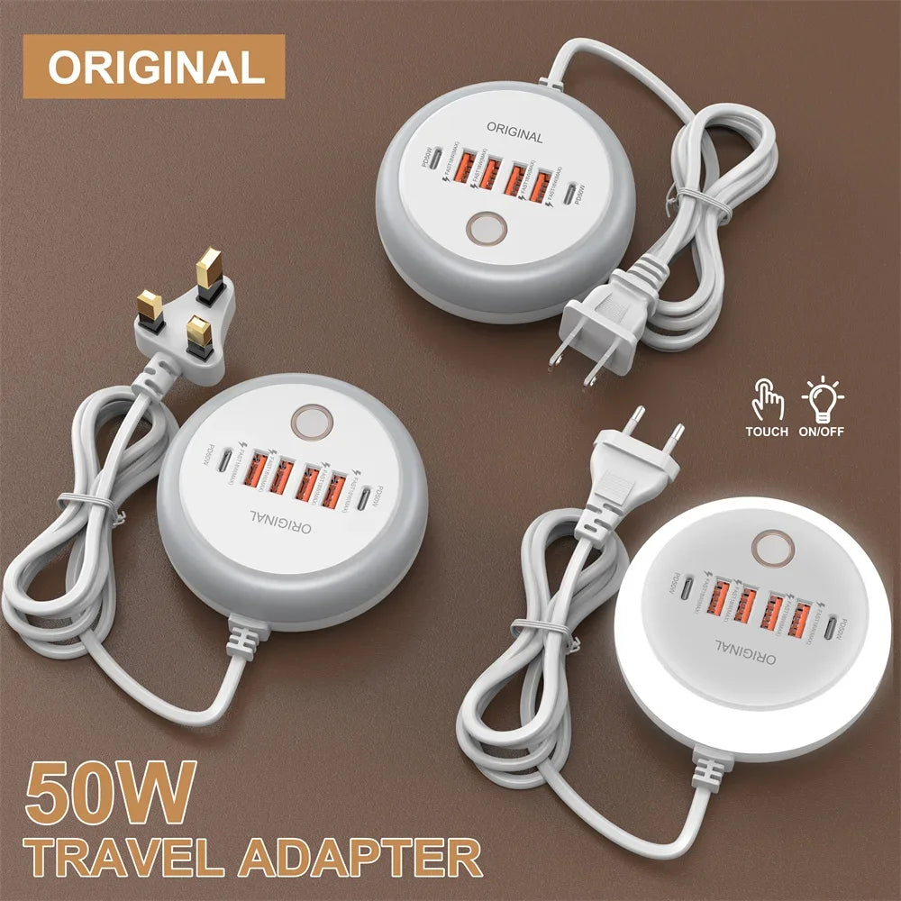 Régua de Tomadas 50W com 4 USB-A + 2 USB-C e Luz Noturna