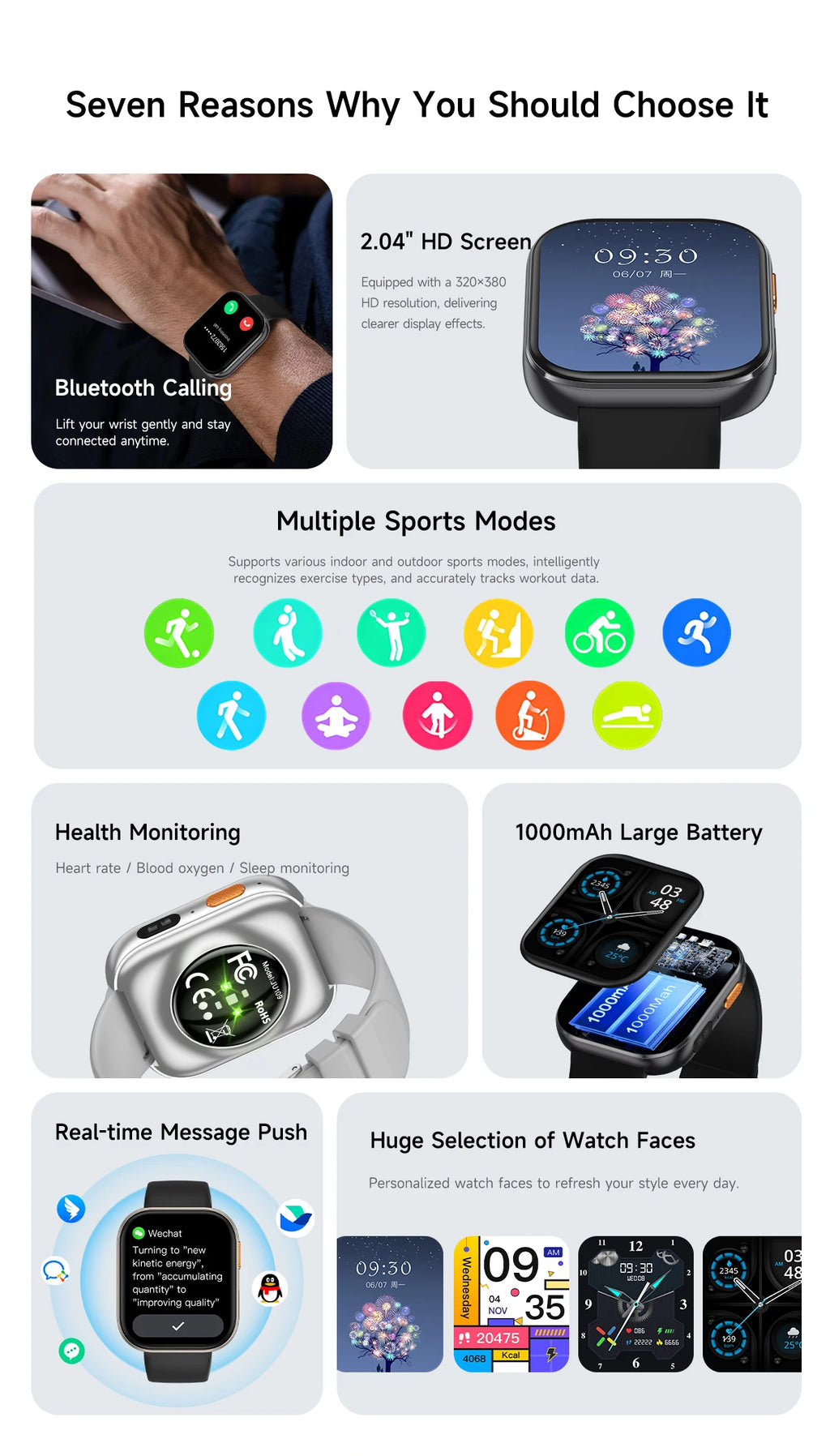 Smartwatch 2026 AMOLED 2.04'' — 1000mAh, 100+ Modos Desportivos, Chamadas Bluetooth e 3ATM