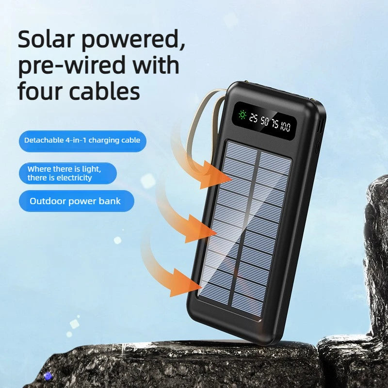 Power Bank Solar Outdoor 10000/20000mAh com Cabo Integrado e Carregamento Sem Fios