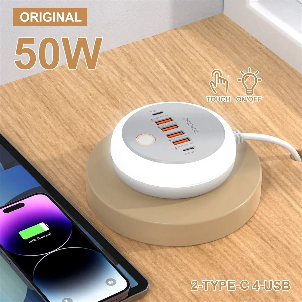 Régua de Tomadas 50W com 4 USB-A + 2 USB-C e Luz Noturna