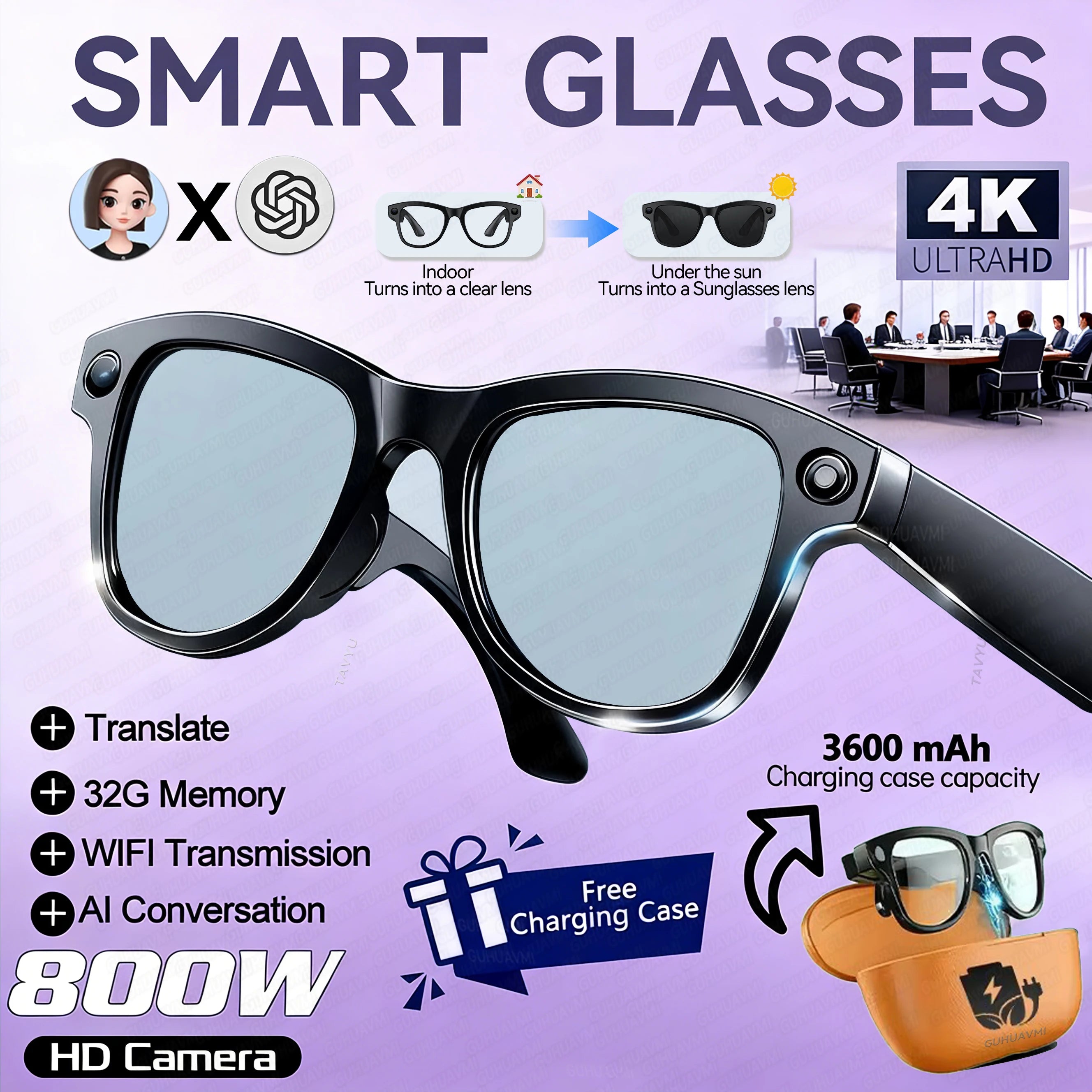 Oculos Inteligentes IA 2026 com Câmara 5MP, Tradução em Tempo Real e Power Bank 3600mAh