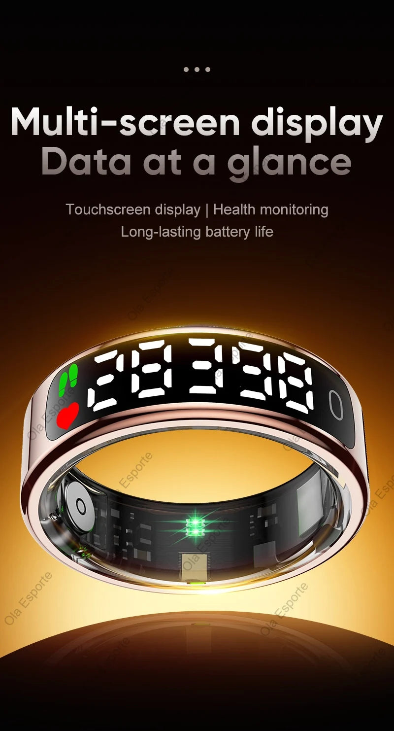 Smart Ring 2025 com Ecrã Touch — Carregamento Sem Fios, Gestor de Saúde e 5ATM para Homem e Mulher