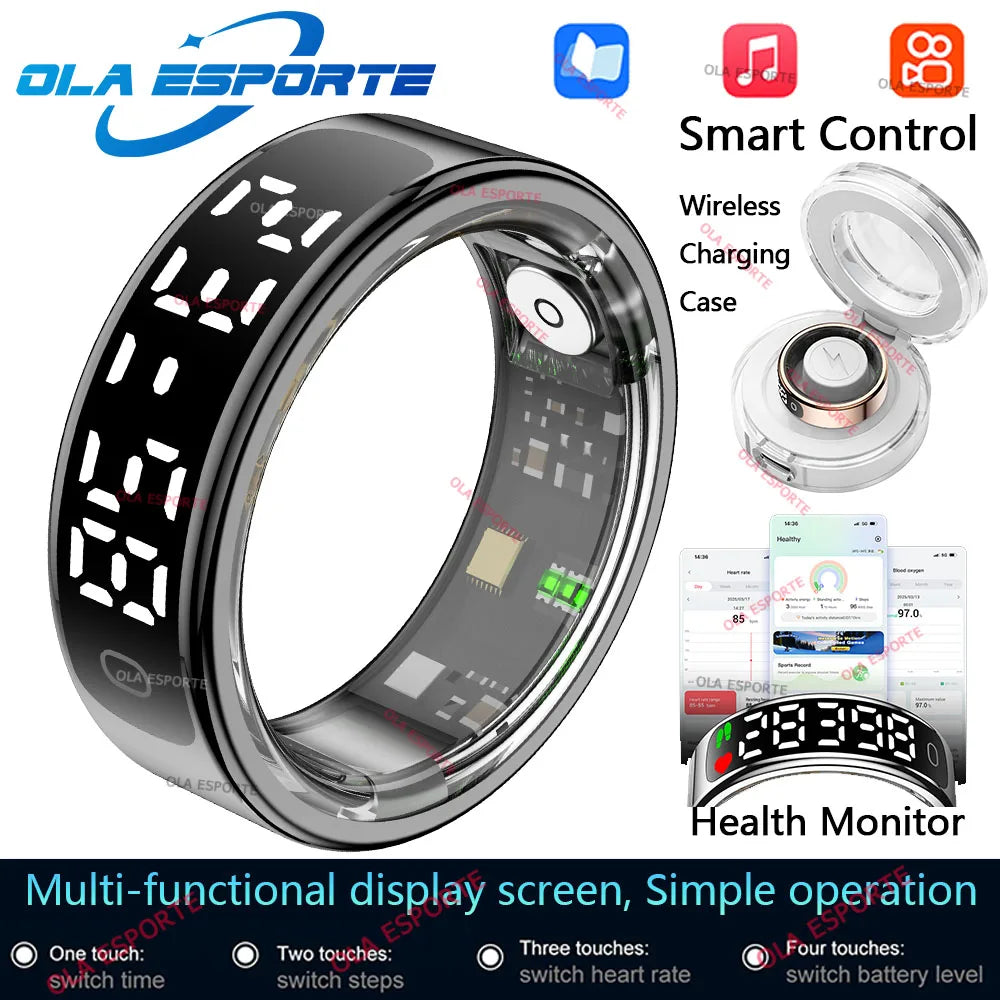 Smart Ring 2025 com Ecrã Touch — Carregamento Sem Fios, Gestor de Saúde e 5ATM para Homem e Mulher