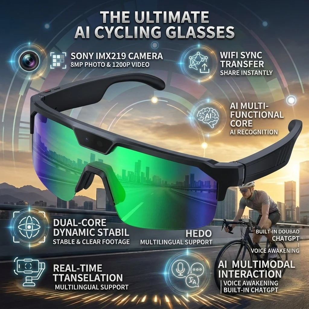 Óculos Inteligentes IA com Câmara 4K HD — 8MP, Anti-vibração, Tradução em Tempo Real e Desporto Outdoor