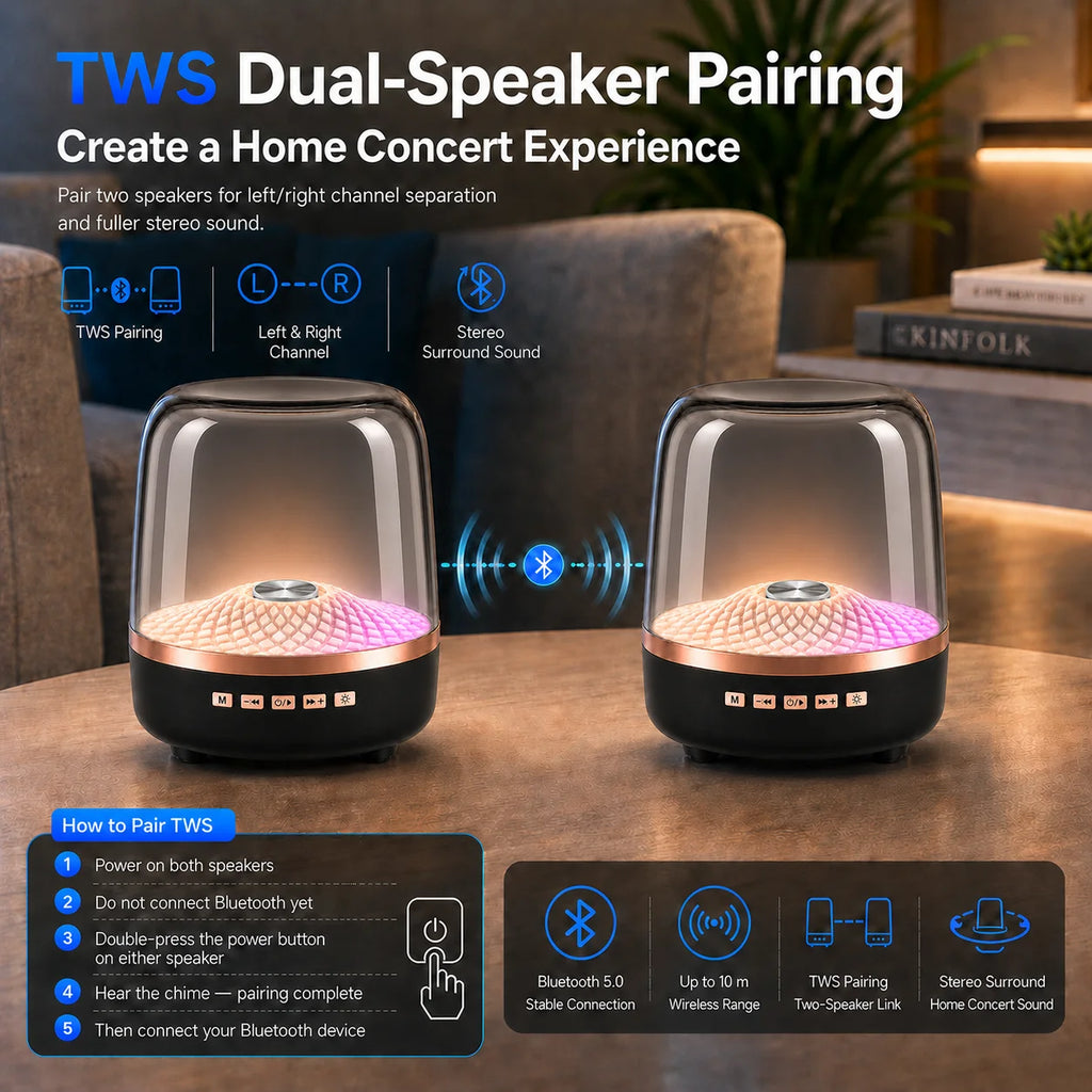 Soundbar Bluetooth 5.0 Portátil 2026 — TWS, Hi-Fi, Subwoofer e Lâmpada Respiratória para Android e iOS