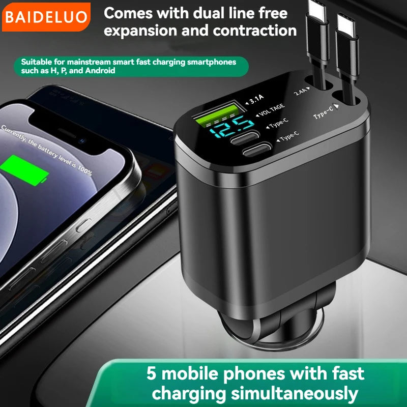 Carregador de Carro 5 em 1 com Cabo Retrátil e Carregamento Rápido