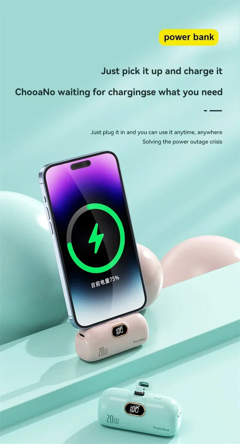 Power Bank Cápsula Mini 10000mAh 20W com Cabos Integrados