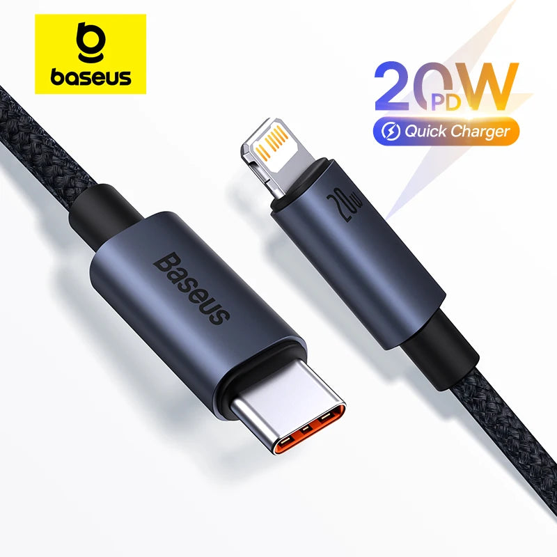 Cabo Baseus USB-C para Lightning iPhone 20W PD — Nylon Trançado 1m/2m/3m
