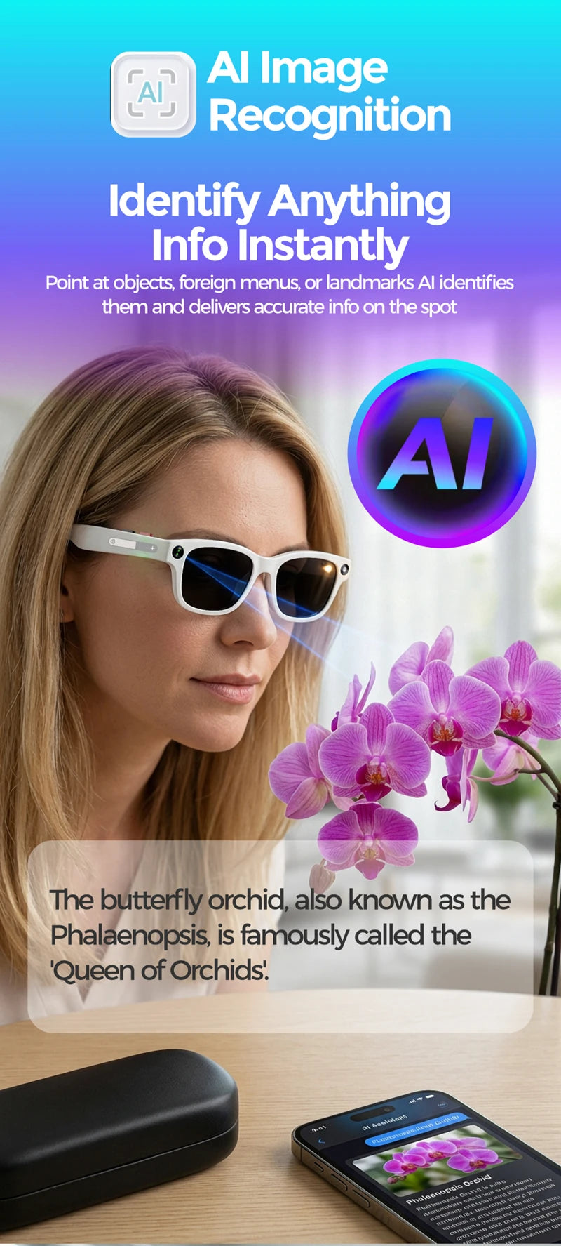 Óculos Inteligentes com Tradução IA — Câmara 8MP HD, Gravação 4K, Bluetooth e Música