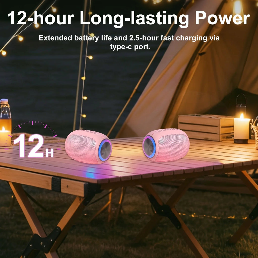 Coluna Bluetooth Portátil — Som Excelente, Design Rosa e Iluminação LED Colorida