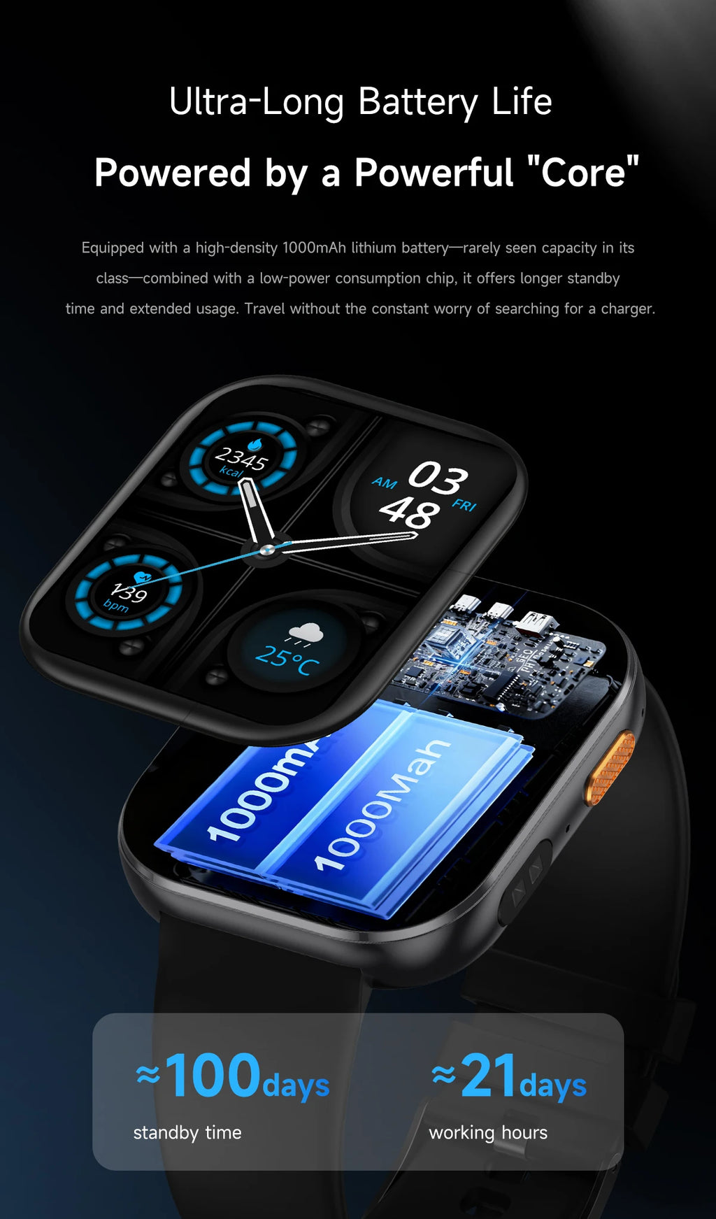 Smartwatch 2026 AMOLED 2.04'' — 1000mAh, 100+ Modos Desportivos, Chamadas Bluetooth e 3ATM