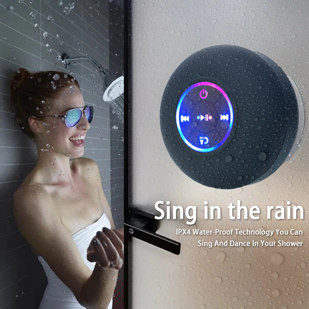 Coluna Bluetooth Portátil LED IPX4 — À Prova de Água, Ventosa e Som Estéreo para Exterior