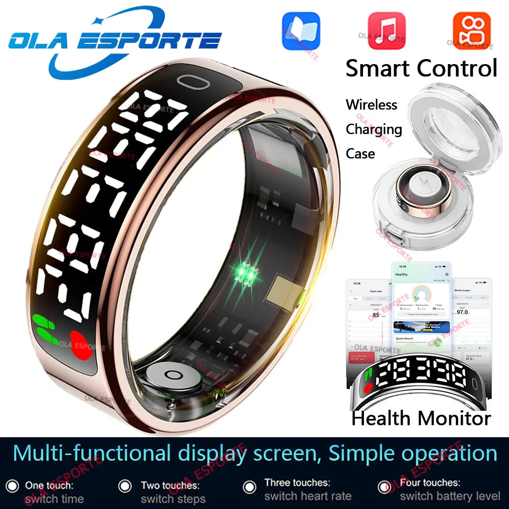 Smart Ring 2025 com Ecrã Touch — Carregamento Sem Fios, Gestor de Saúde e 5ATM para Homem e Mulher