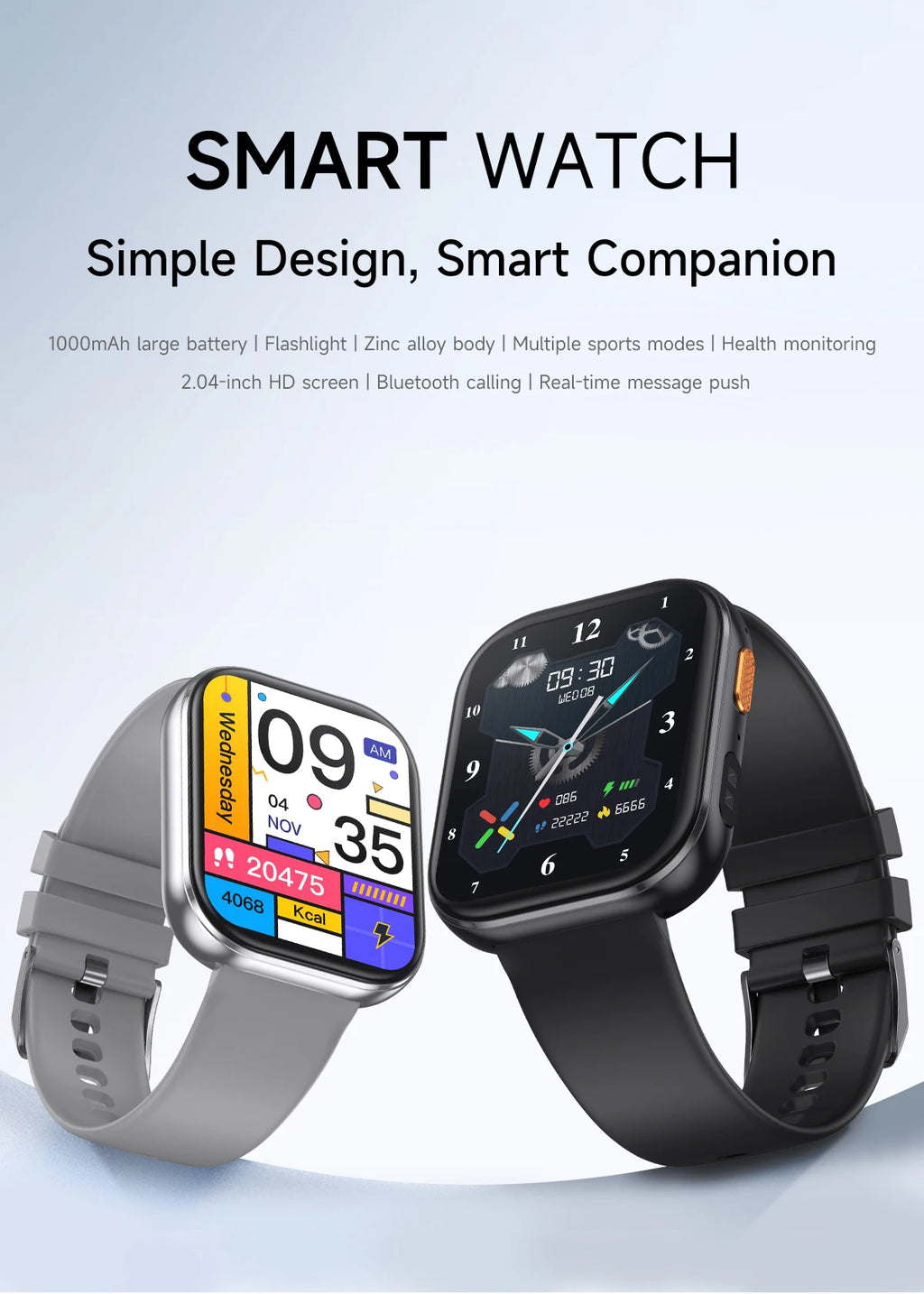 Smartwatch 2026 AMOLED 2.04'' — 1000mAh, 100+ Modos Desportivos, Chamadas Bluetooth e 3ATM