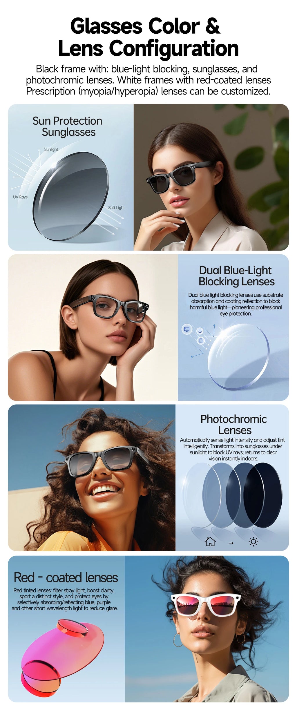 Óculos Inteligentes 2025 com Câmara, 32GB, Tradução, Bluetooth e Anti-luz Azul — Homem e Mulher