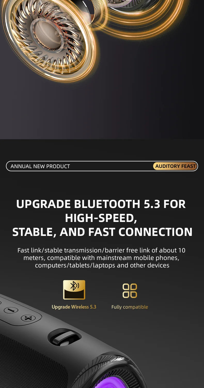 Coluna Bluetooth 5.3 com LED RGB, Subwoofer e FM/SD/USB