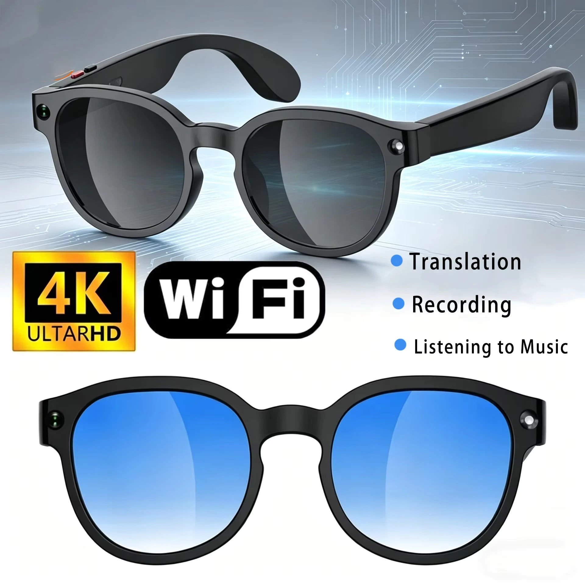 Óculos Inteligentes IA 4K HD — Gravação de Vídeo, Fotos, Tradução, Música, À Prova de Água e Bluetooth