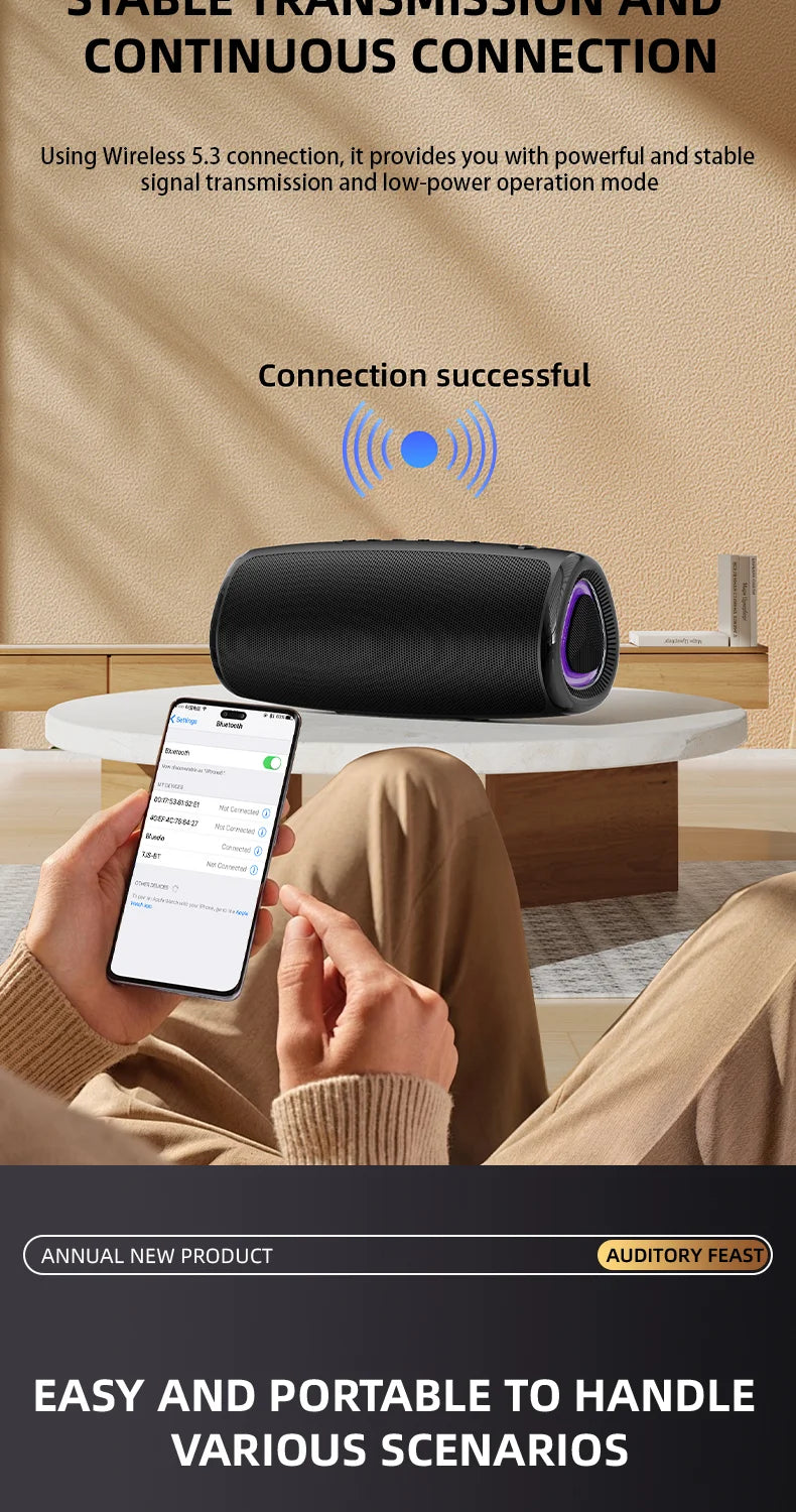 Coluna Bluetooth 5.3 com LED RGB, Subwoofer e FM/SD/USB