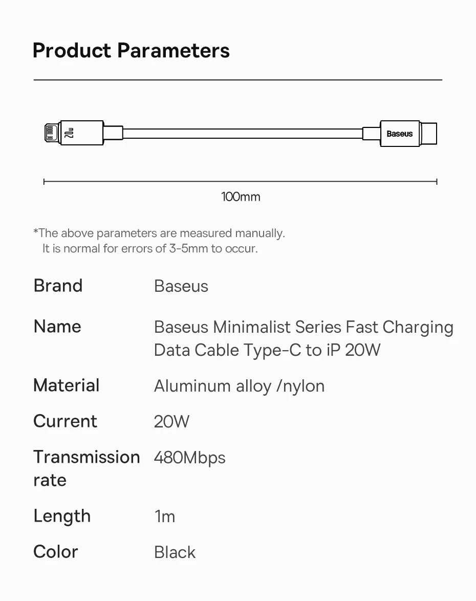Cabo Baseus USB-C para Lightning iPhone 20W PD — Nylon Trançado 1m/2m/3m
