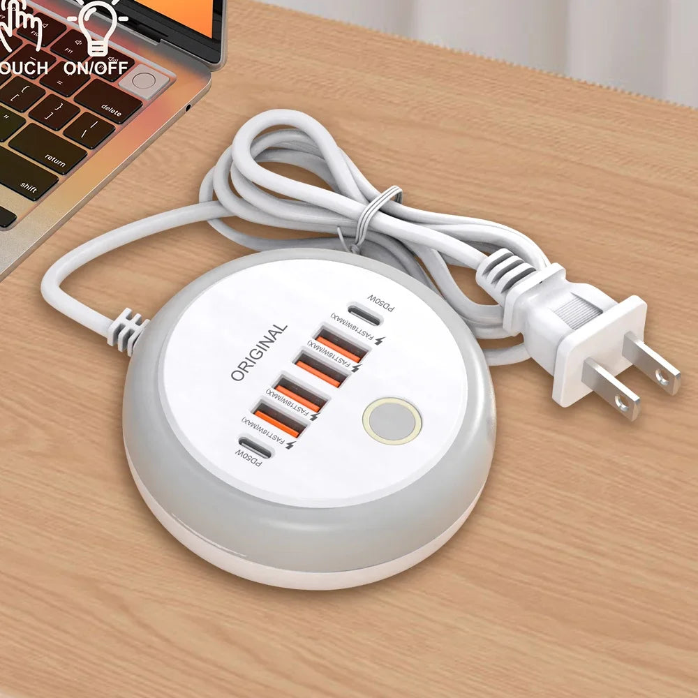 Régua de Tomadas 50W com 4 USB-A + 2 USB-C e Luz Noturna