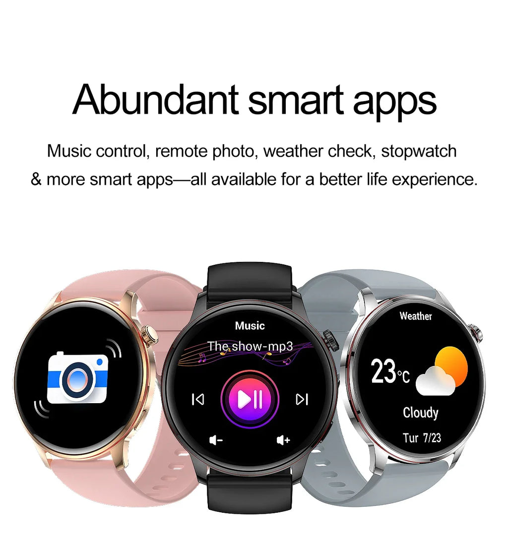 Smartwatch Feminino Elegante — Rosa e Dourado, Saúde Completa e Notificações Inteligentes