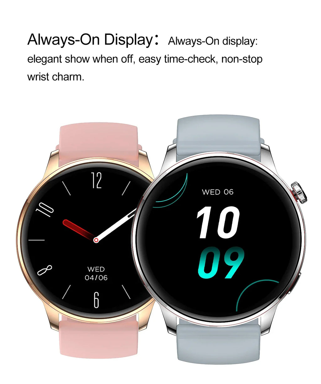 Smartwatch Feminino Elegante — Rosa e Dourado, Saúde Completa e Notificações Inteligentes