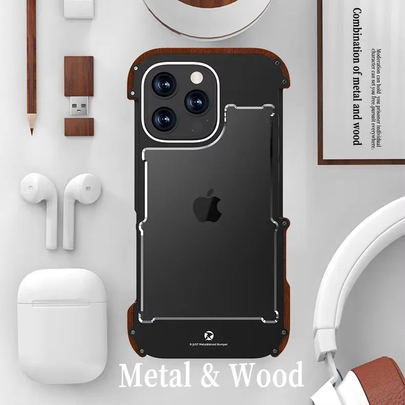 Capa Bumper Metal e Madeira para iPhone 16 15 14 13 12