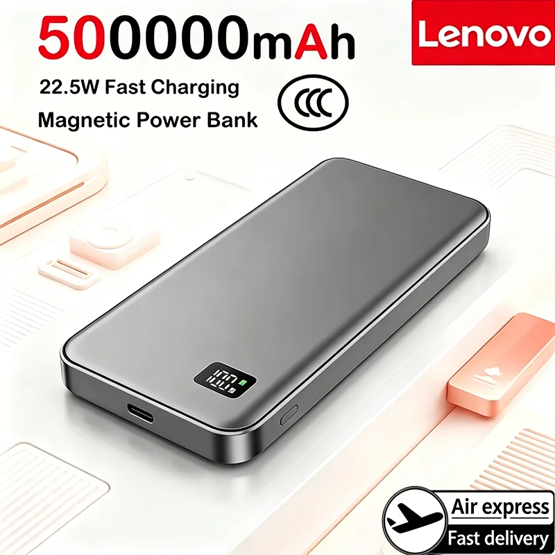Power Bank Magnético Lenovo Ultra-Fino 22.5W com Carregamento Sem Fios
