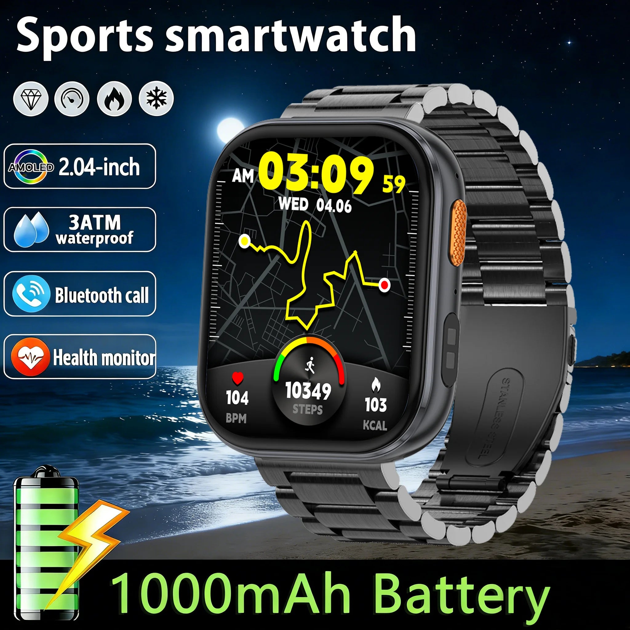 Smartwatch 2026 AMOLED 2.04'' — 1000mAh, 100+ Modos Desportivos, Chamadas Bluetooth e 3ATM