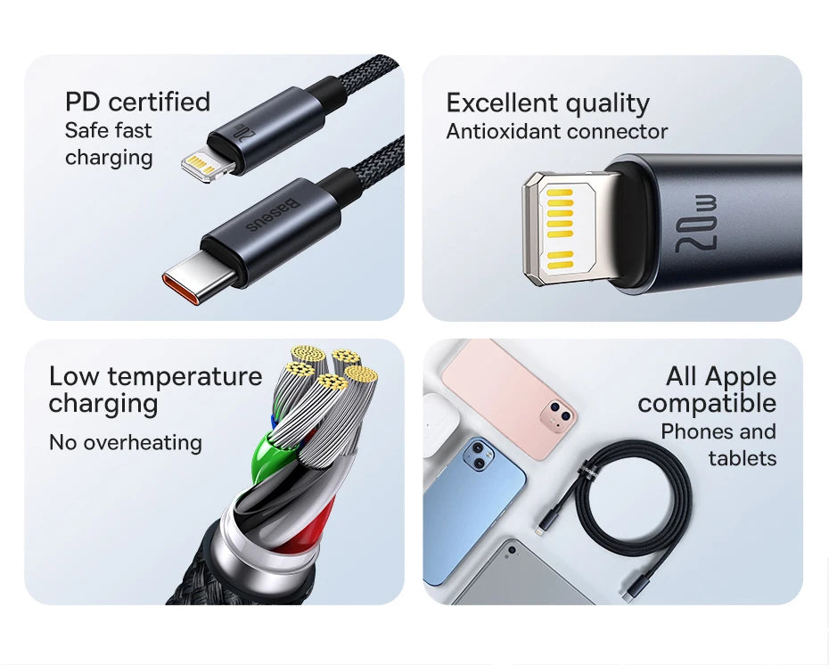 Cabo Baseus USB-C para Lightning iPhone 20W PD — Nylon Trançado 1m/2m/3m
