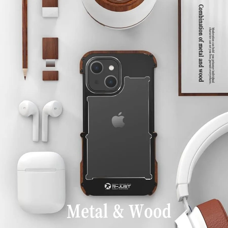 Capa Bumper Metal e Madeira para iPhone 16 15 14 13 12