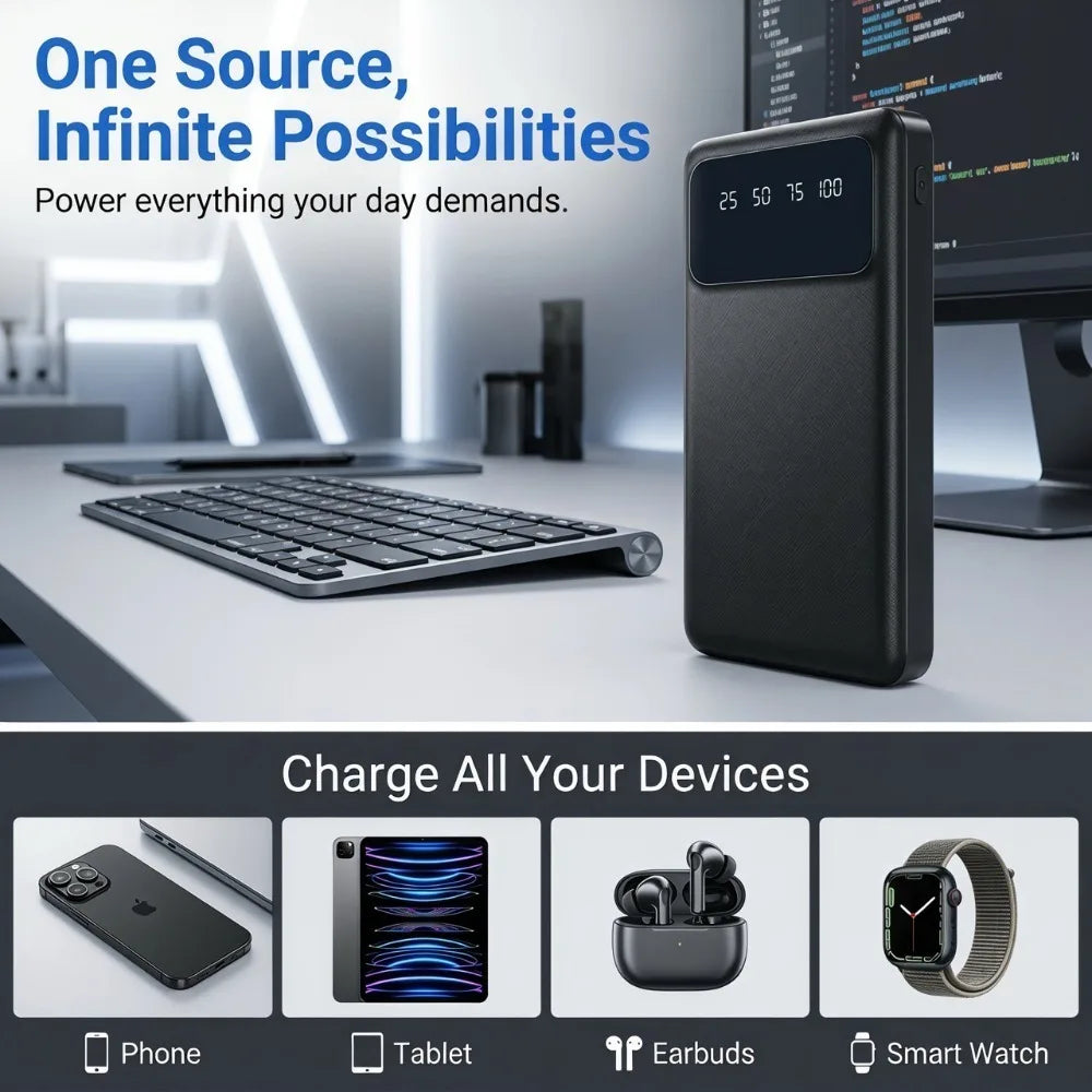 Power Bank 20000mAh com Display LED, Lanterna e Dual USB