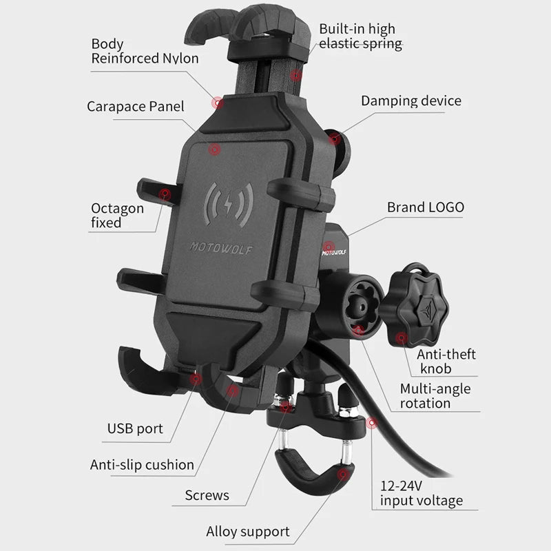 Suporte de Telefónico para Mota com Carregamento Sem Fios QC3.0 e GPS