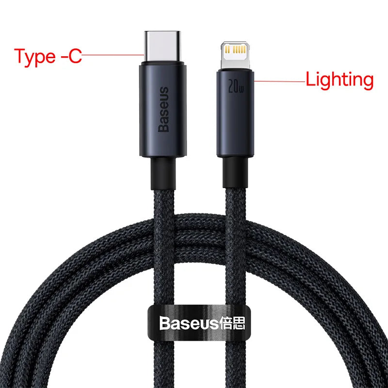 Cabo Baseus USB-C para Lightning iPhone 20W PD — Nylon Trançado 1m/2m/3m
