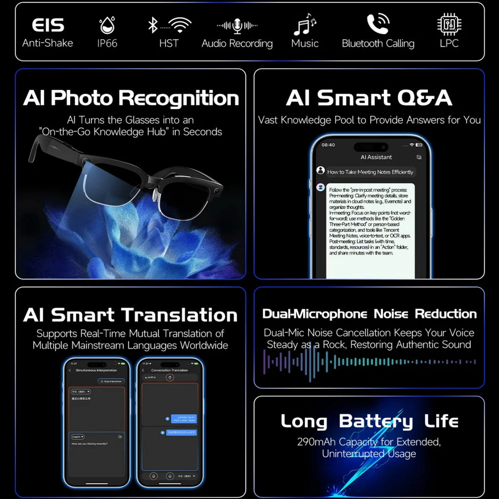 Óculos Inteligentes IA 4K — Câmara 8MP, Gravação de Vídeo, Reconhecimento, Tradução, Bluetooth e Óculos Fotocromáticos À Prova de Água
